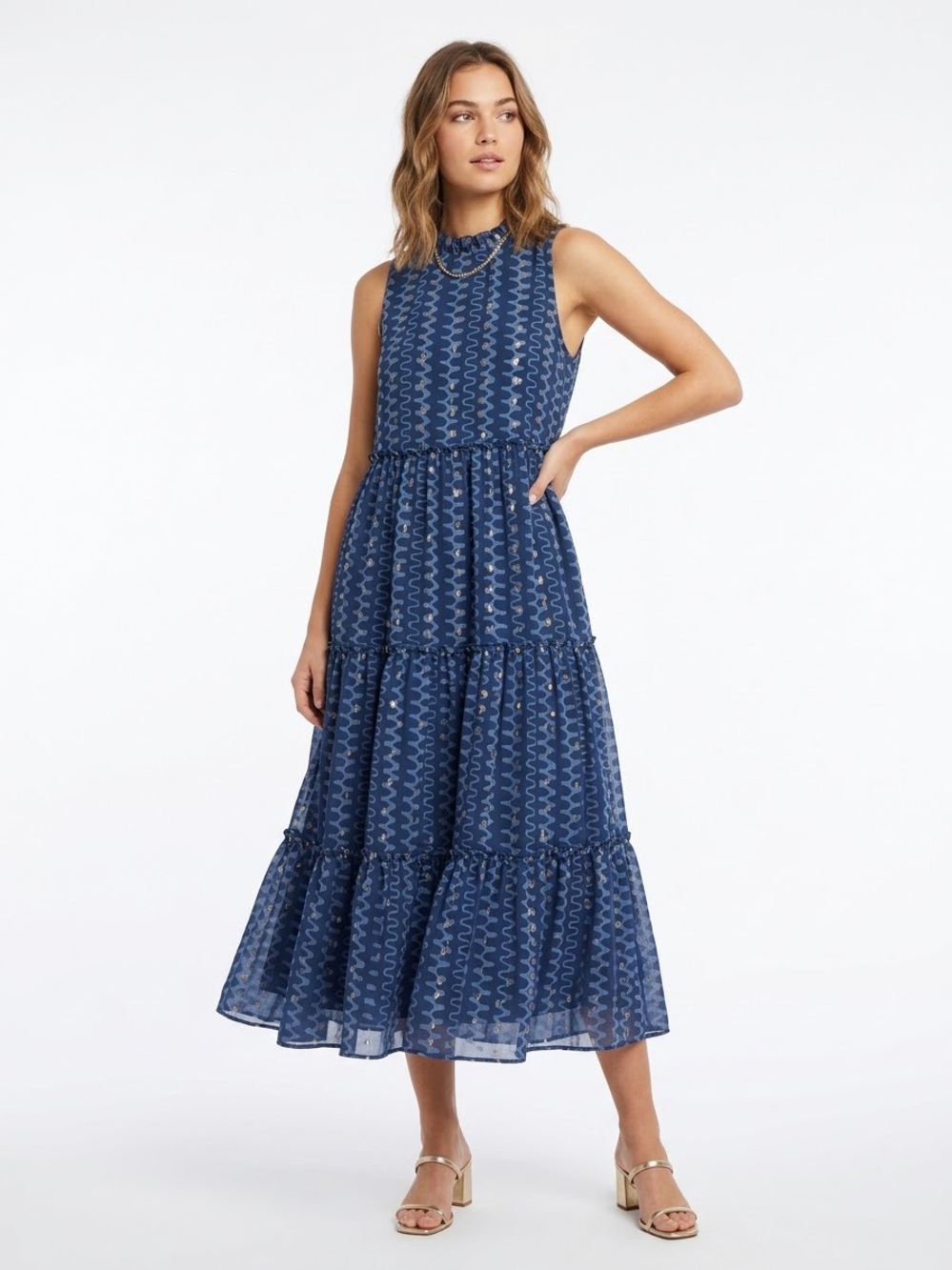 Oliphant Navy and Gold Tiered Midi Dress Ruffle Collar Size M